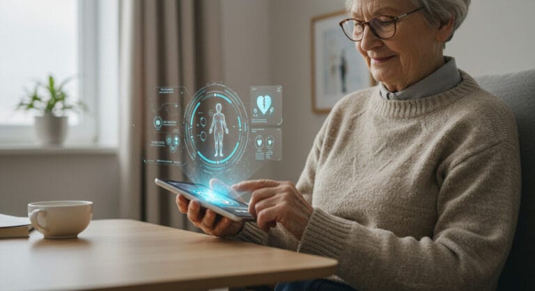 an old woman using a tablet